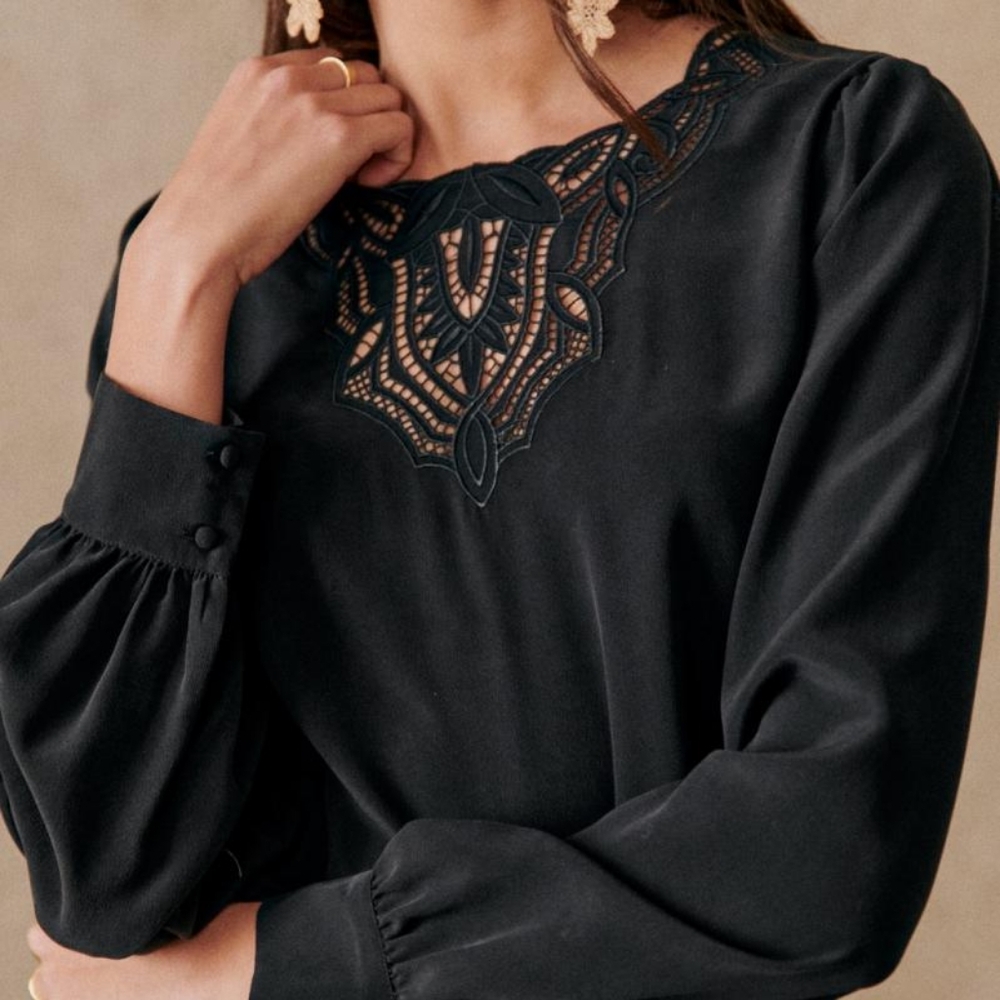 Sezane Carlotta Black silk blouse size 12 44 XL